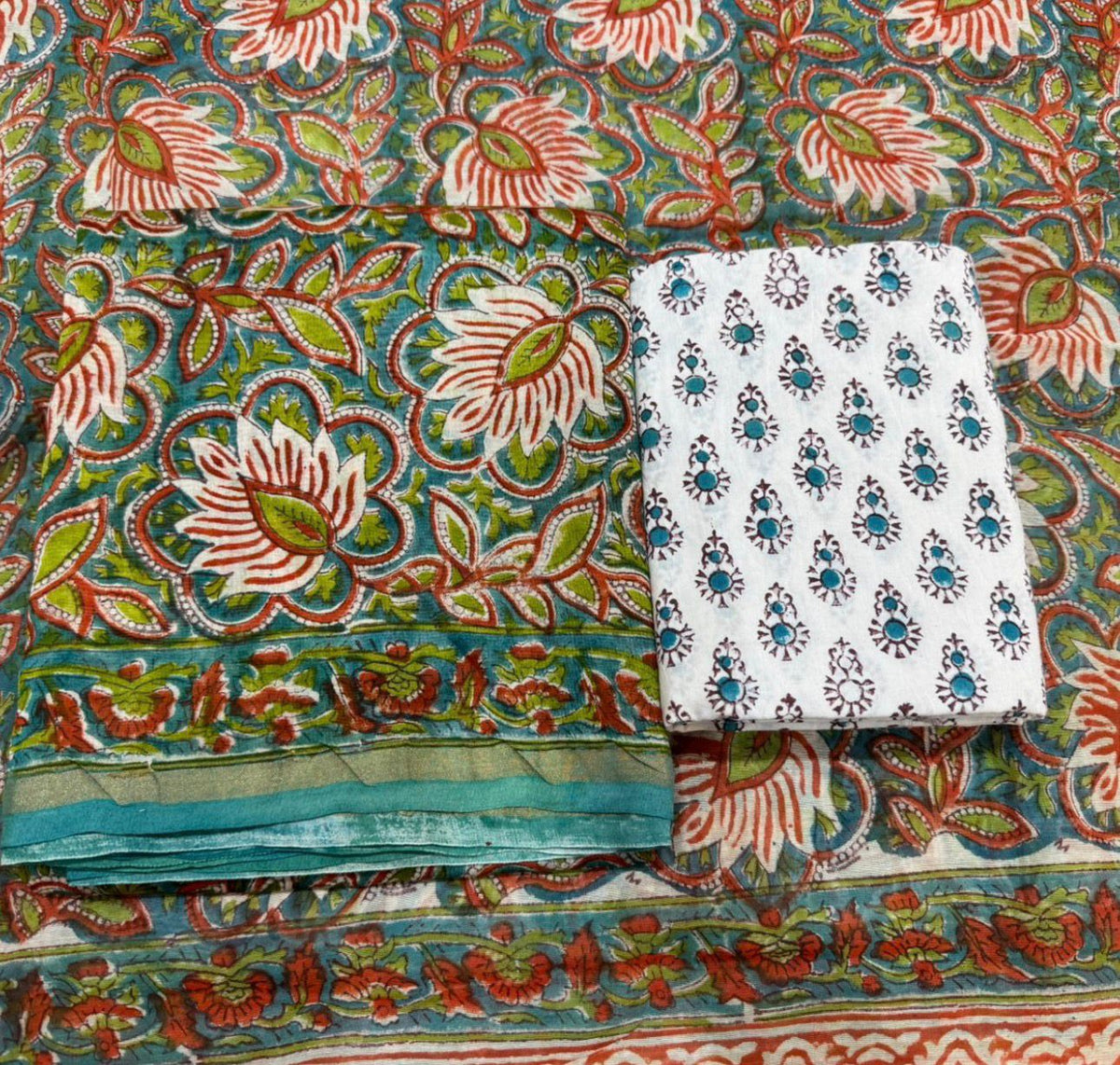 Hand Block Bagru and Sanganeri Printed Chanderi Silk 3PC Unstiched Suit With Chanderi Silk Dupatta