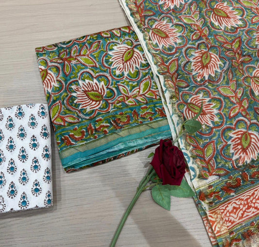 Hand Block Bagru and Sanganeri Printed Chanderi Silk 3PC Unstiched Suit With Chanderi Silk Dupatta