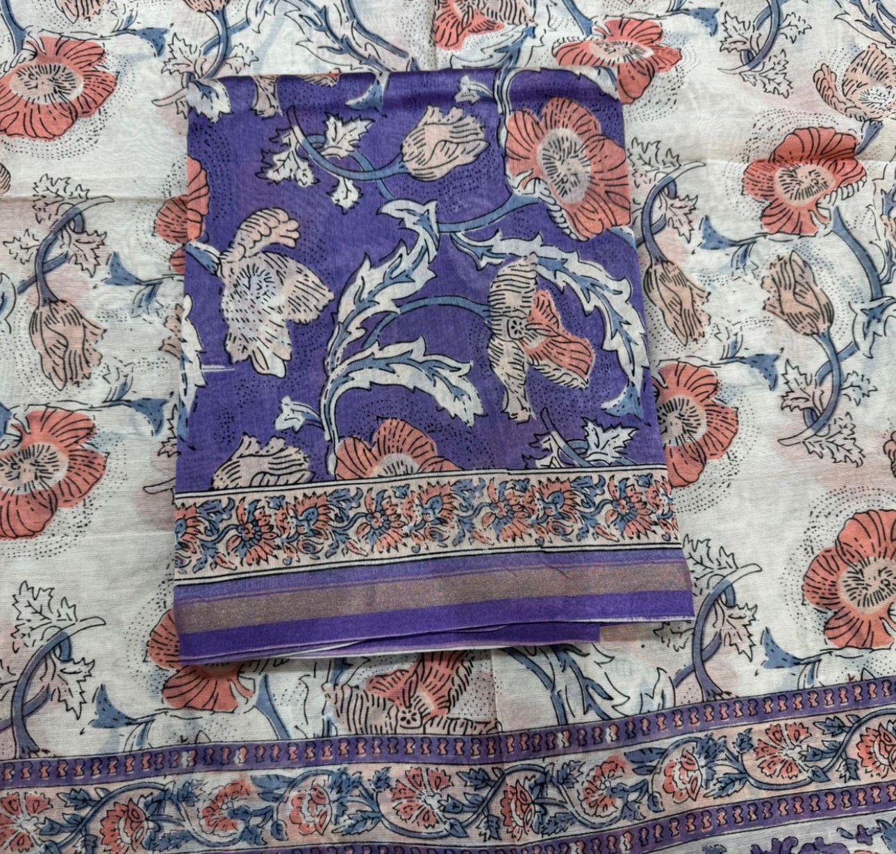 Hand Block Bagru and Sanganeri Printed Chanderi Silk 3PC Unstiched Suit With Chanderi Silk Dupatta
