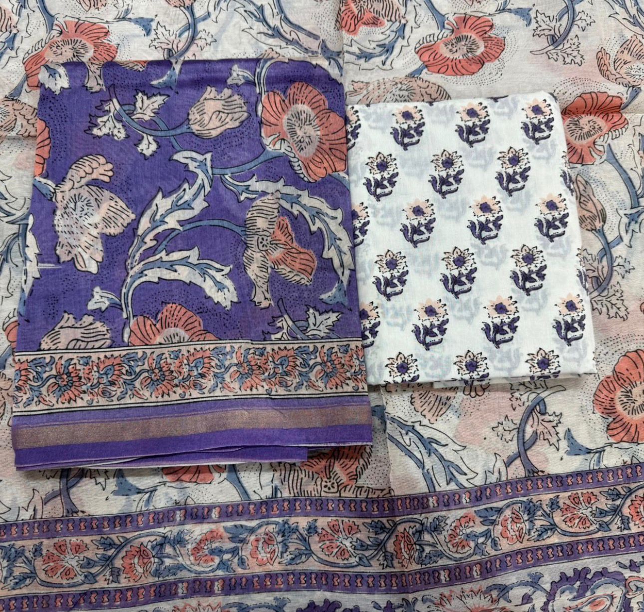 Hand Block Bagru and Sanganeri Printed Chanderi Silk 3PC Unstiched Suit With Chanderi Silk Dupatta