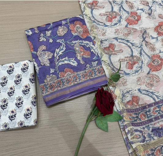Hand Block Bagru and Sanganeri Printed Chanderi Silk 3PC Unstiched Suit With Chanderi Silk Dupatta