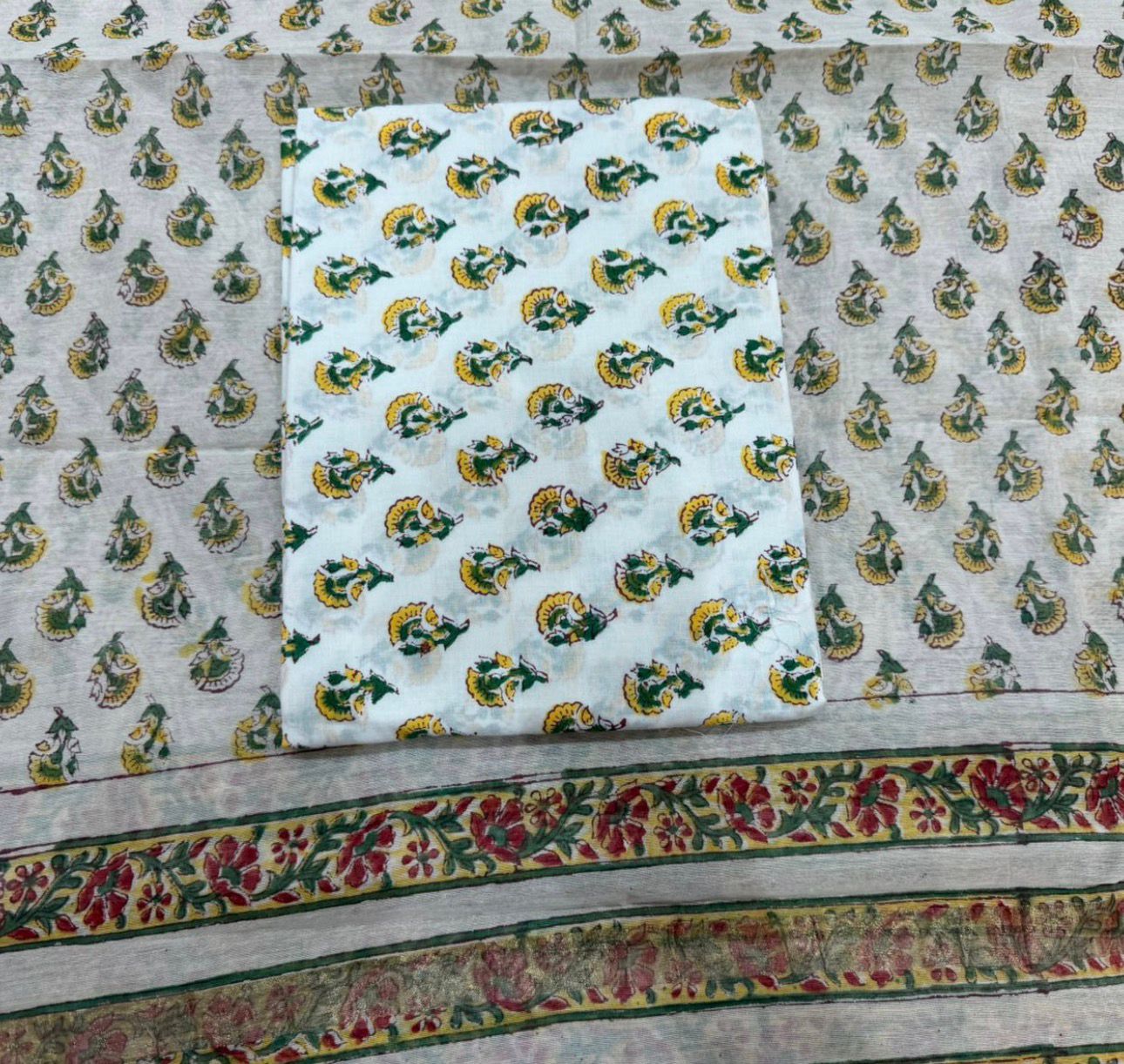 Hand Block Bagru and Sanganeri Printed Chanderi Silk 3PC Unstiched Suit With Chanderi Silk Dupatta
