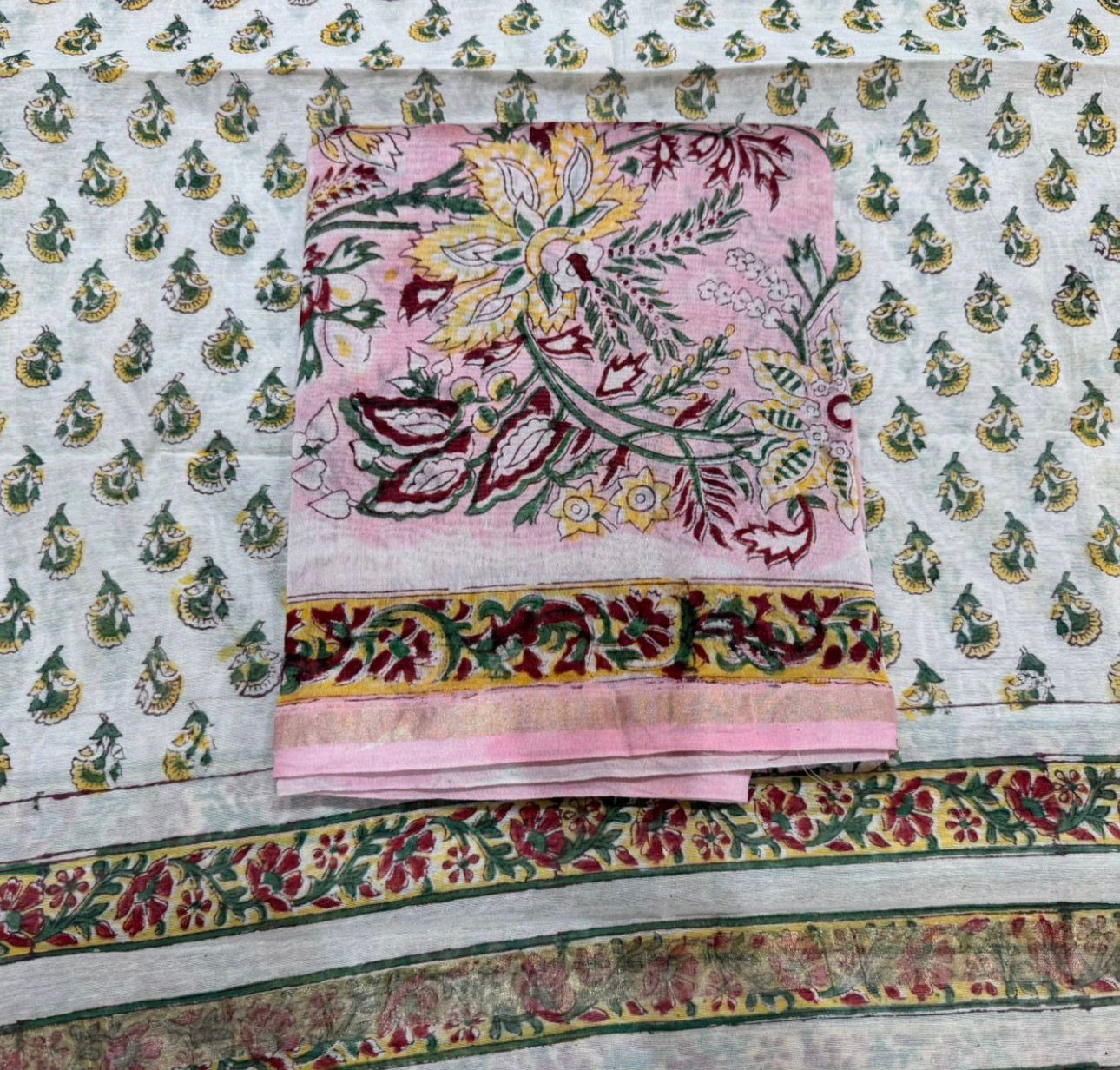 Hand Block Bagru and Sanganeri Printed Chanderi Silk 3PC Unstiched Suit With Chanderi Silk Dupatta