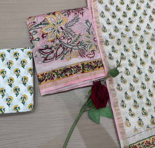 Hand Block Bagru and Sanganeri Printed Chanderi Silk 3PC Unstiched Suit With Chanderi Silk Dupatta