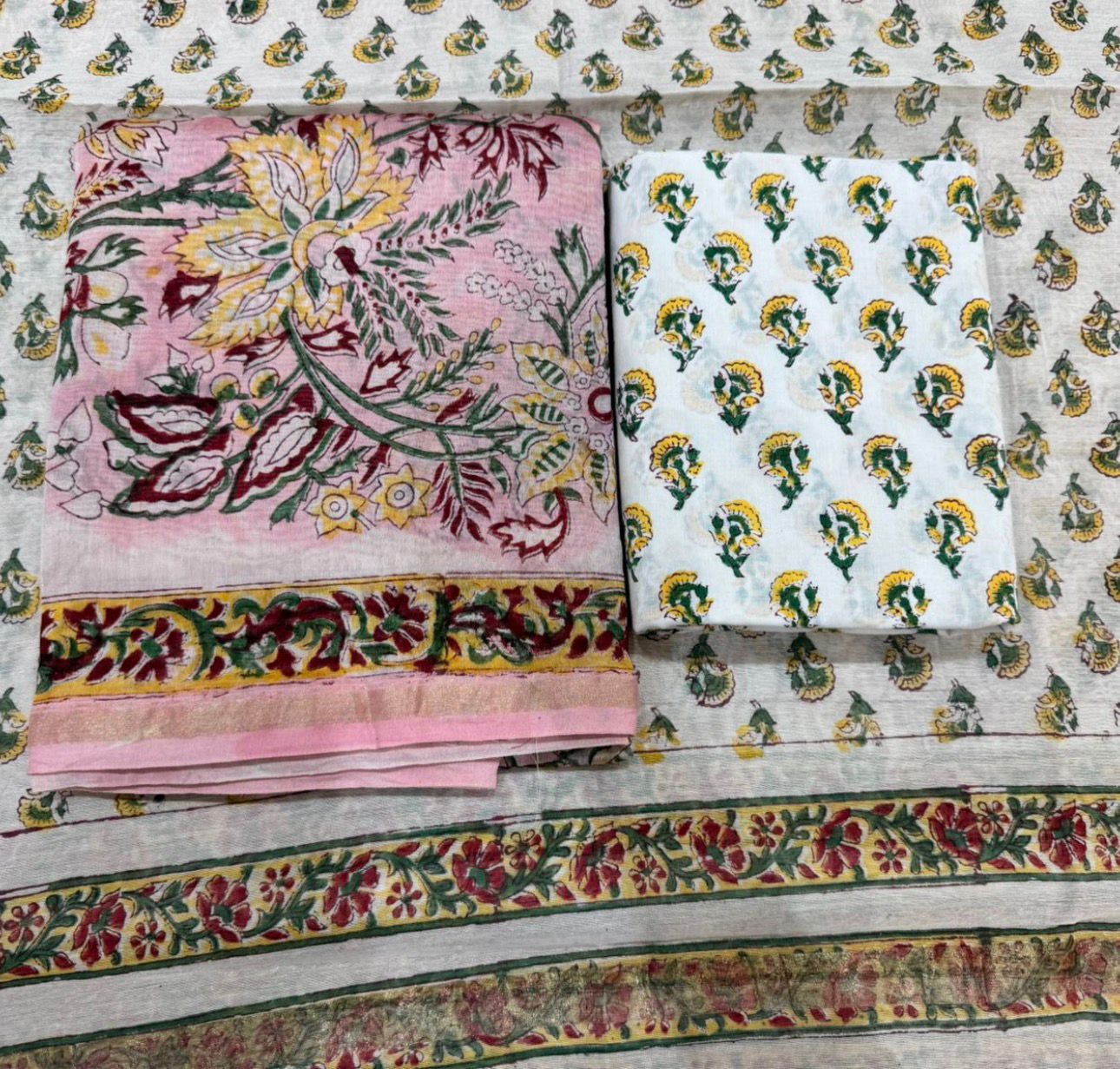 Hand Block Bagru and Sanganeri Printed Chanderi Silk 3PC Unstiched Suit With Chanderi Silk Dupatta