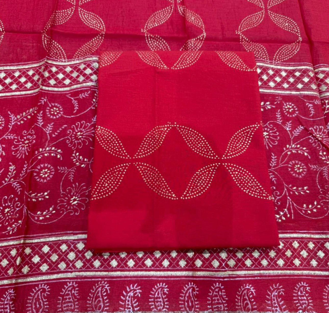 Hand Block Bagru and Sanganeri Printed Chanderi Silk 3PC Unstiched Suit With Chanderi Silk Dupatta