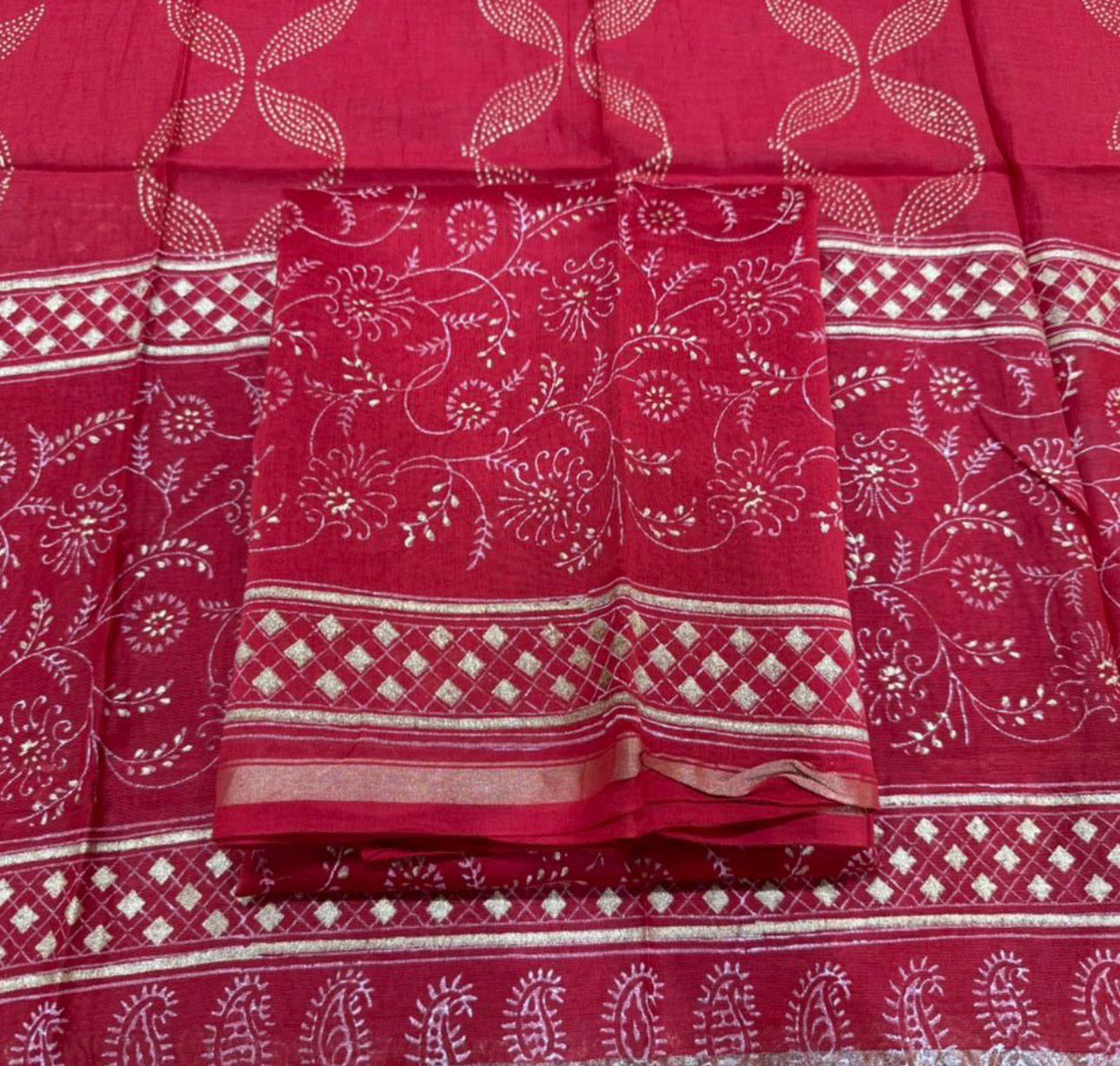 Hand Block Bagru and Sanganeri Printed Chanderi Silk 3PC Unstiched Suit With Chanderi Silk Dupatta