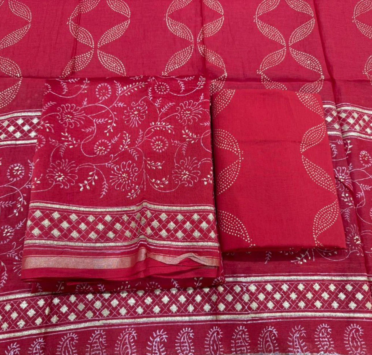 Hand Block Bagru and Sanganeri Printed Chanderi Silk 3PC Unstiched Suit With Chanderi Silk Dupatta