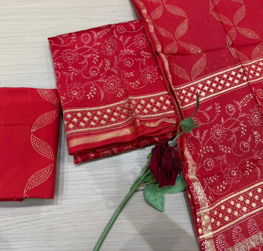 Hand Block Bagru and Sanganeri Printed Chanderi Silk 3PC Unstiched Suit With Chanderi Silk Dupatta
