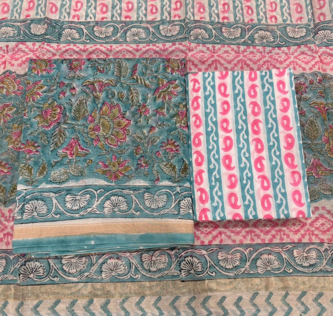 Hand Block Bagru and Sanganeri Printed Chanderi Silk 3PC Unstiched Suit With Chanderi Silk Dupatta