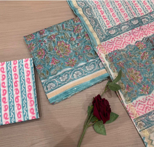 Hand Block Bagru and Sanganeri Printed Chanderi Silk 3PC Unstiched Suit With Chanderi Silk Dupatta