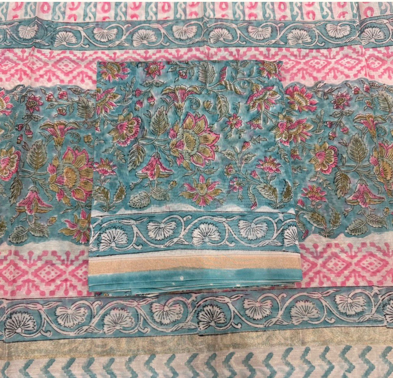 Hand Block Bagru and Sanganeri Printed Chanderi Silk 3PC Unstiched Suit With Chanderi Silk Dupatta