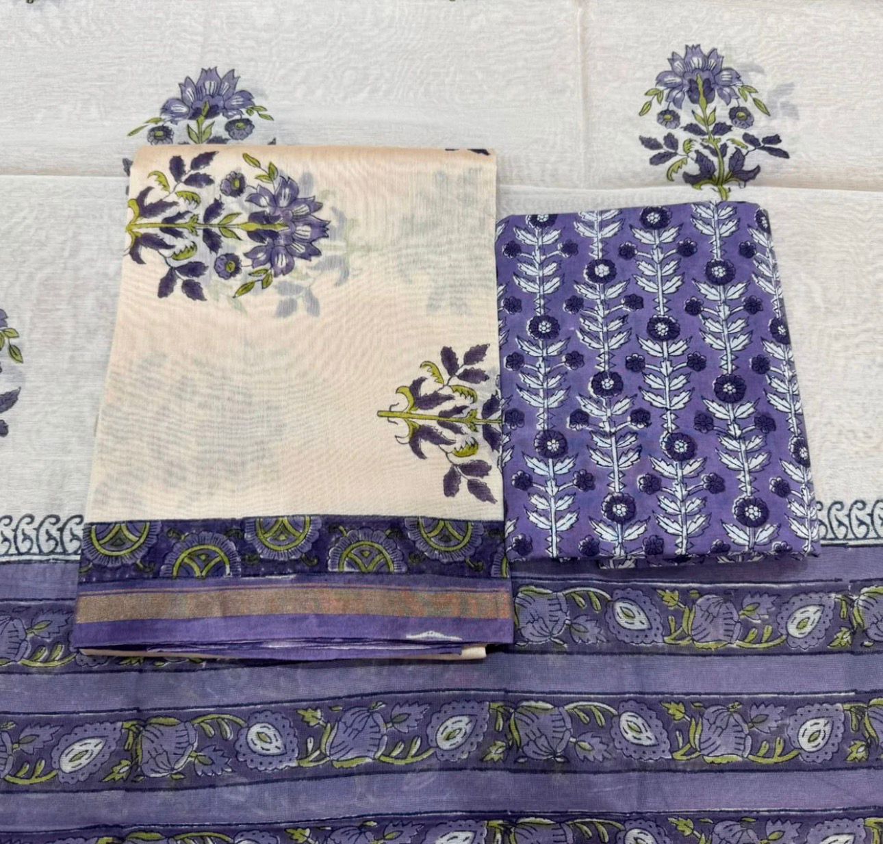 Hand Block Bagru and Sanganeri Printed Chanderi Silk 3PC Unstiched Suit With Chanderi Silk Dupatta