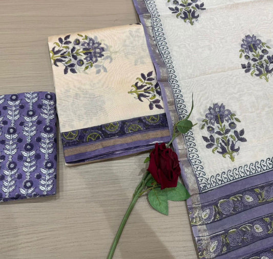 Hand Block Bagru and Sanganeri Printed Chanderi Silk 3PC Unstiched Suit With Chanderi Silk Dupatta