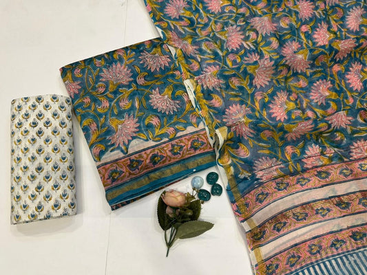 Hand Block Bagru and Sanganeri Printed Chanderi Silk 3PC Unstiched Suit With Chanderi Silk Dupatta