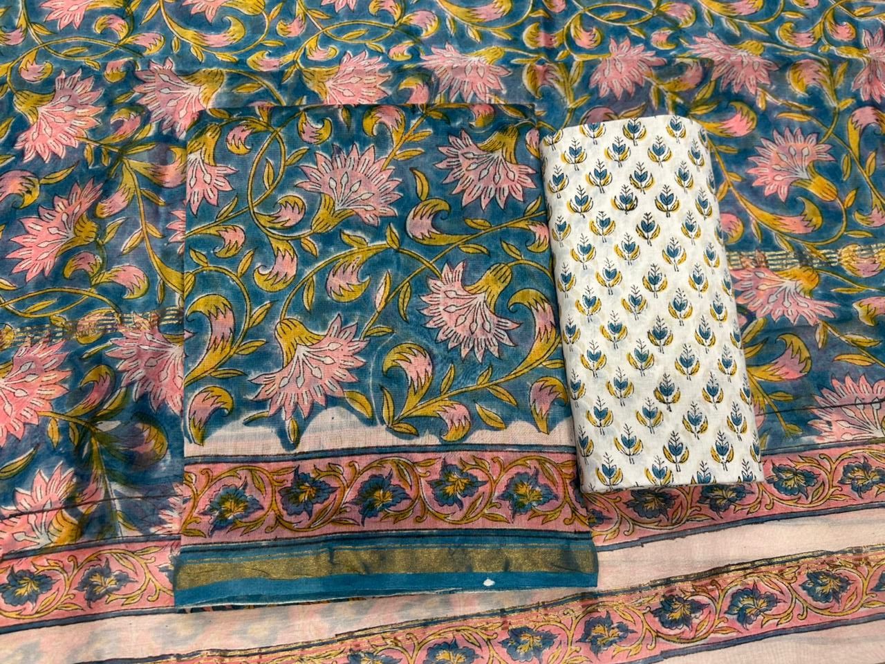 Hand Block Bagru and Sanganeri Printed Chanderi Silk 3PC Unstiched Suit With Chanderi Silk Dupatta