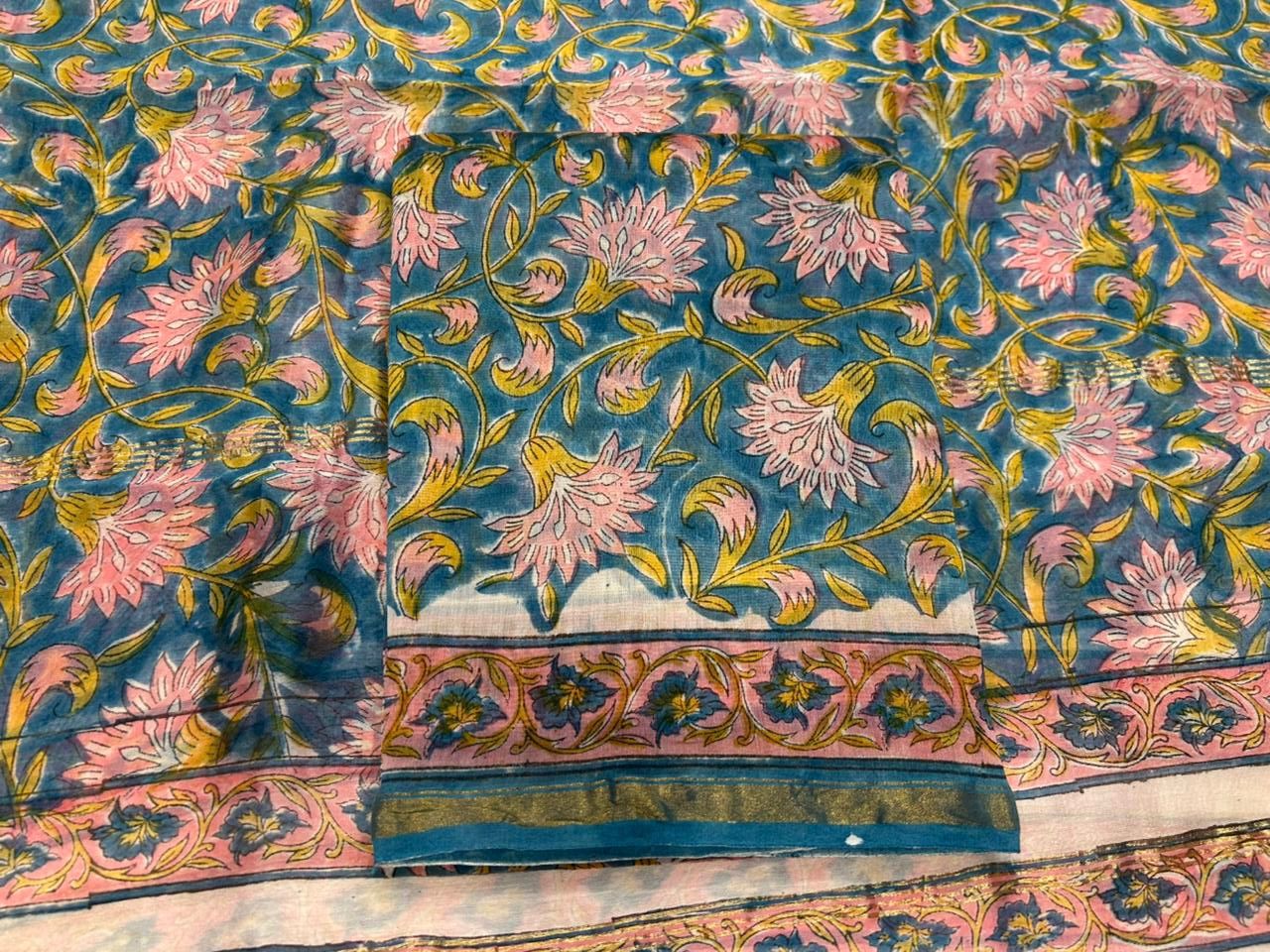 Hand Block Bagru and Sanganeri Printed Chanderi Silk 3PC Unstiched Suit With Chanderi Silk Dupatta