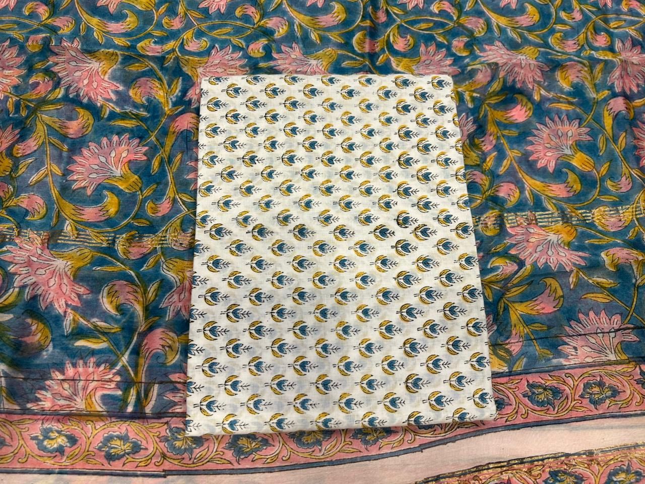 Hand Block Bagru and Sanganeri Printed Chanderi Silk 3PC Unstiched Suit With Chanderi Silk Dupatta