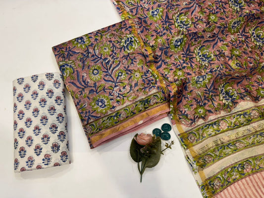 Hand Block Bagru and Sanganeri Printed Chanderi Silk 3PC Unstiched Suit With Chanderi Silk Dupatta