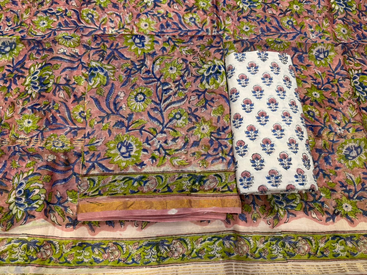Hand Block Bagru and Sanganeri Printed Chanderi Silk 3PC Unstiched Suit With Chanderi Silk Dupatta