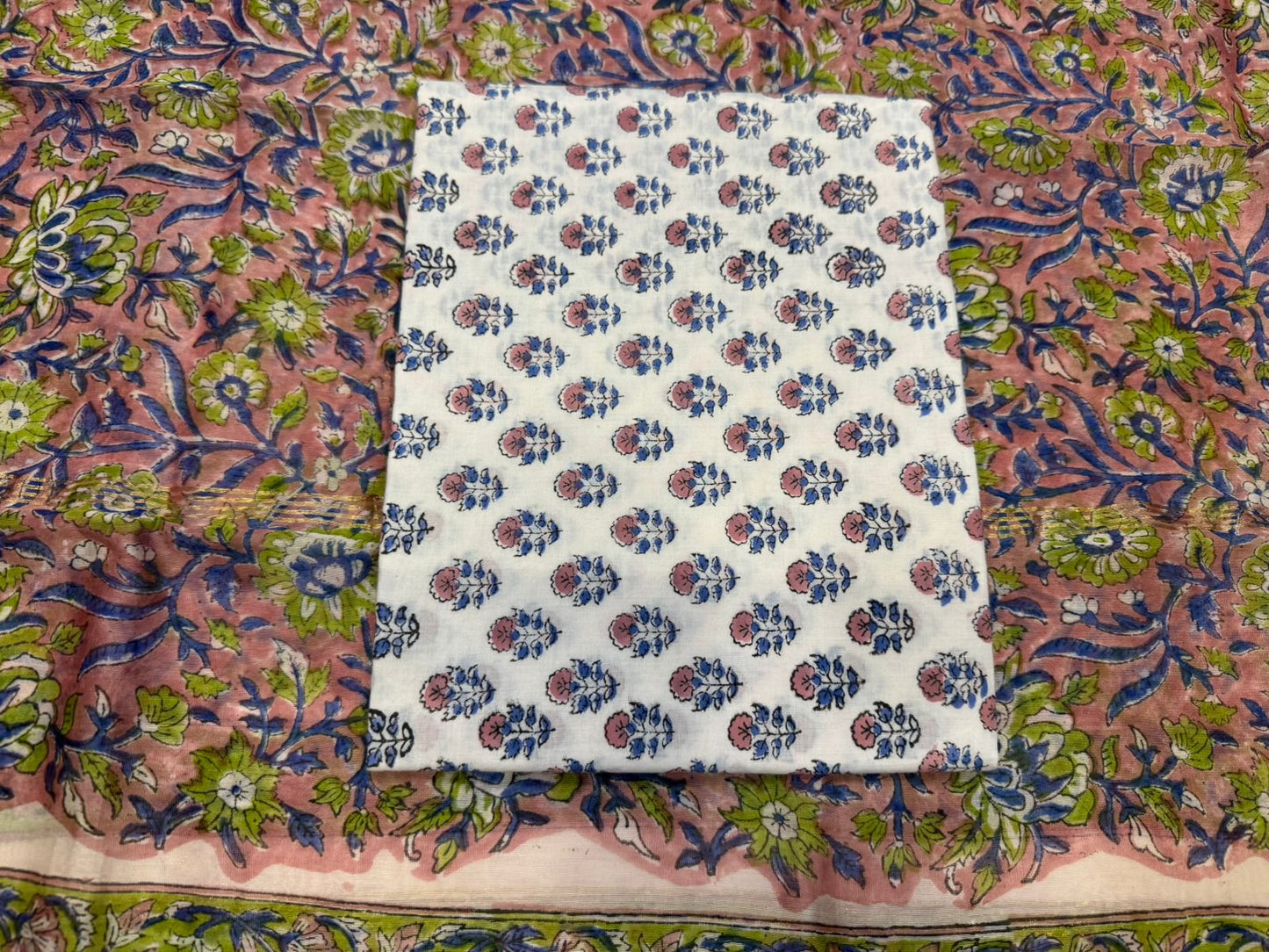 Hand Block Bagru and Sanganeri Printed Chanderi Silk 3PC Unstiched Suit With Chanderi Silk Dupatta