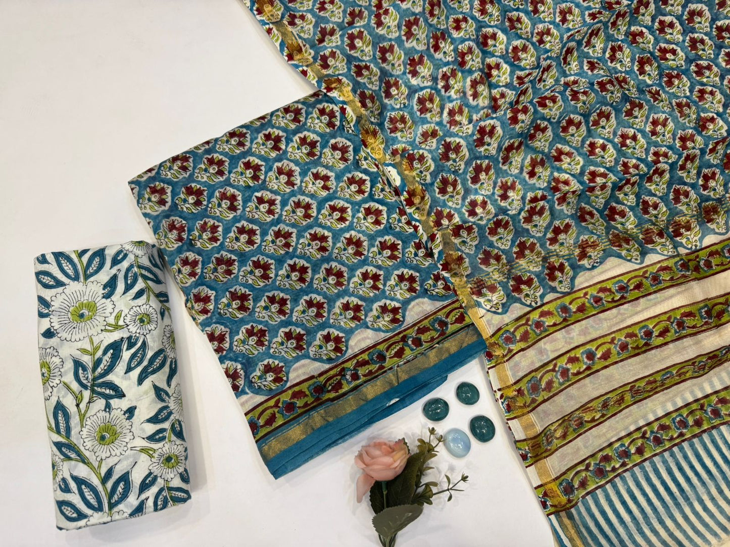 Hand Block Bagru and Sanganeri Printed Chanderi Silk 3PC Unstiched Suit With Chanderi Silk Dupatta