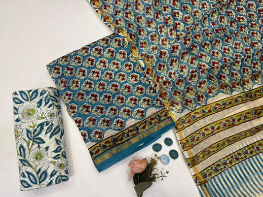 Hand Block Bagru and Sanganeri Printed Chanderi Silk 3PC Unstiched Suit With Chanderi Silk Dupatta