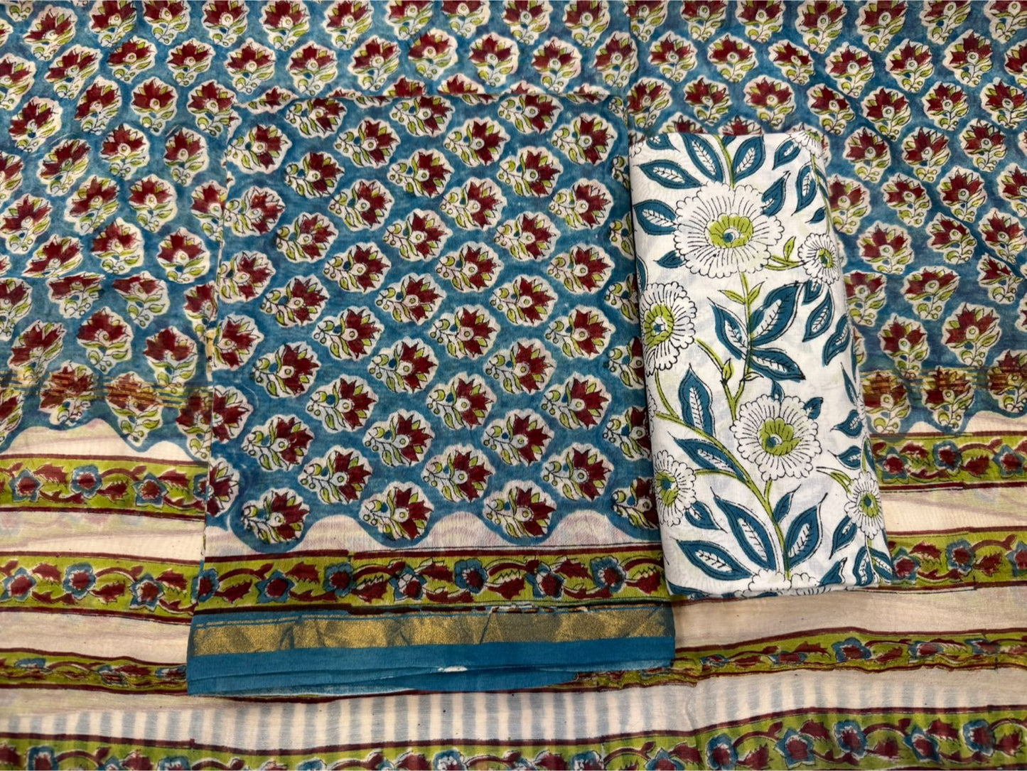 Hand Block Bagru and Sanganeri Printed Chanderi Silk 3PC Unstiched Suit With Chanderi Silk Dupatta