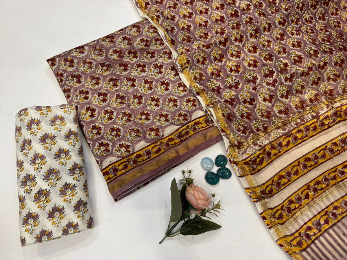 Hand Block Bagru and Sanganeri Printed Chanderi Silk 3PC Unstiched Suit With Chanderi Silk Dupatta