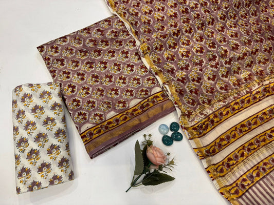 Hand Block Bagru and Sanganeri Printed Chanderi Silk 3PC Unstiched Suit With Chanderi Silk Dupatta
