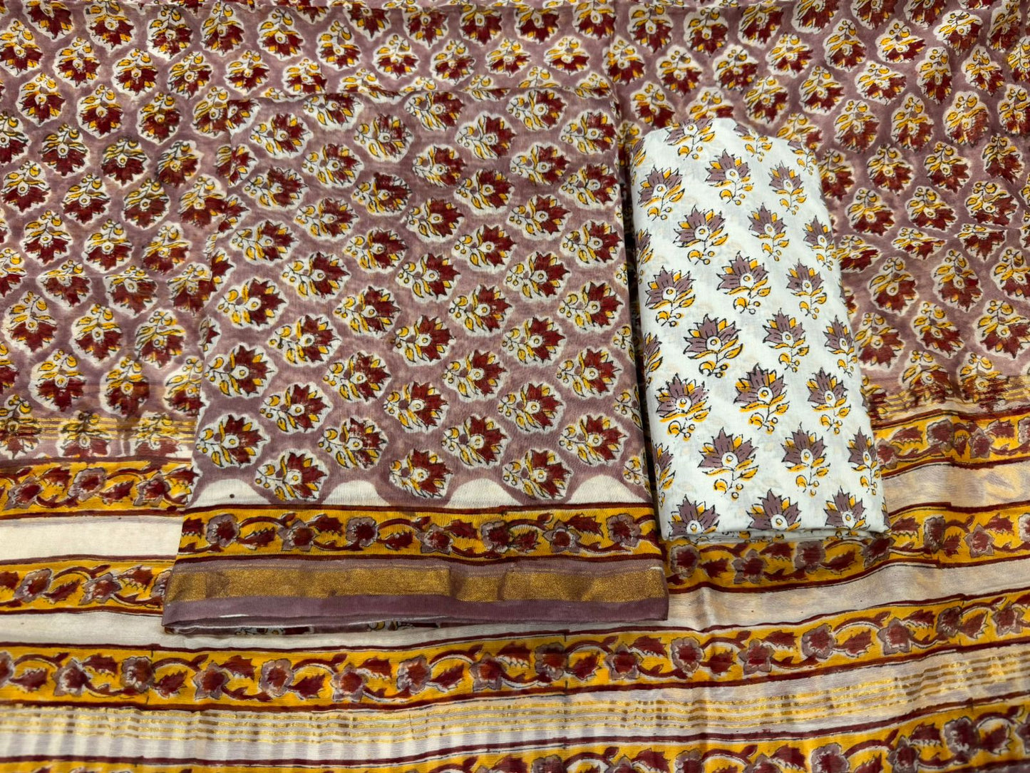 Hand Block Bagru and Sanganeri Printed Chanderi Silk 3PC Unstiched Suit With Chanderi Silk Dupatta
