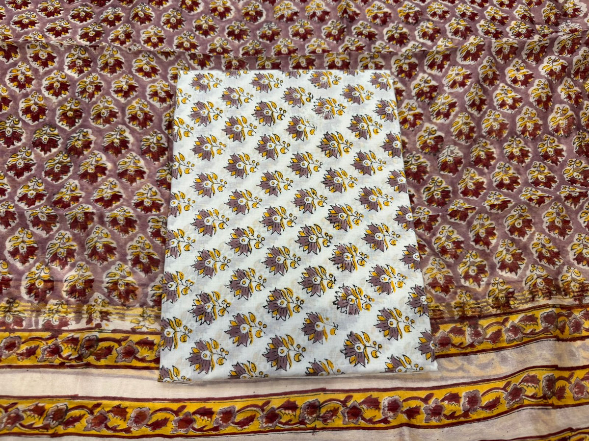 Hand Block Bagru and Sanganeri Printed Chanderi Silk 3PC Unstiched Suit With Chanderi Silk Dupatta