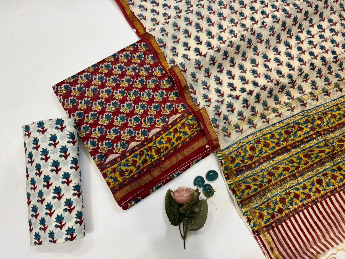 Hand Block Bagru and Sanganeri Printed Chanderi Silk 3PC Unstiched Suit With Chanderi Silk Dupatta