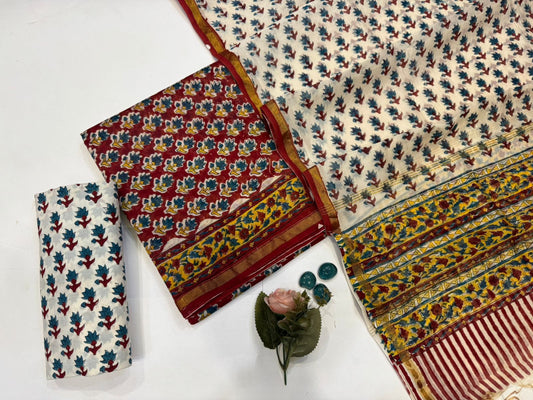 Hand Block Bagru and Sanganeri Printed Chanderi Silk 3PC Unstiched Suit With Chanderi Silk Dupatta