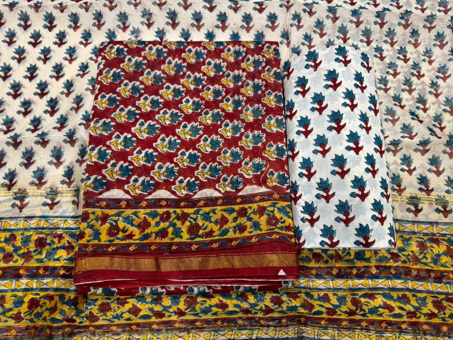 Hand Block Bagru and Sanganeri Printed Chanderi Silk 3PC Unstiched Suit With Chanderi Silk Dupatta