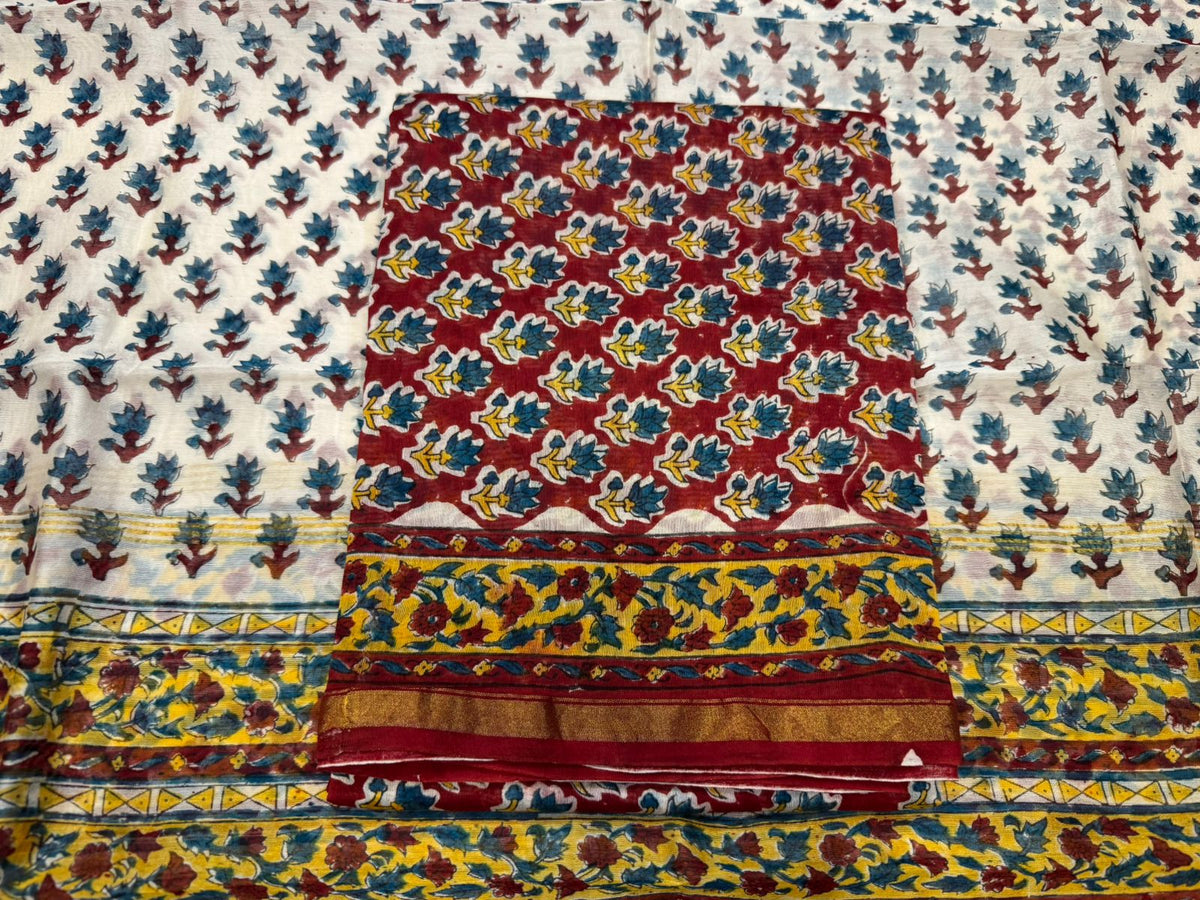 Hand Block Bagru and Sanganeri Printed Chanderi Silk 3PC Unstiched Suit With Chanderi Silk Dupatta