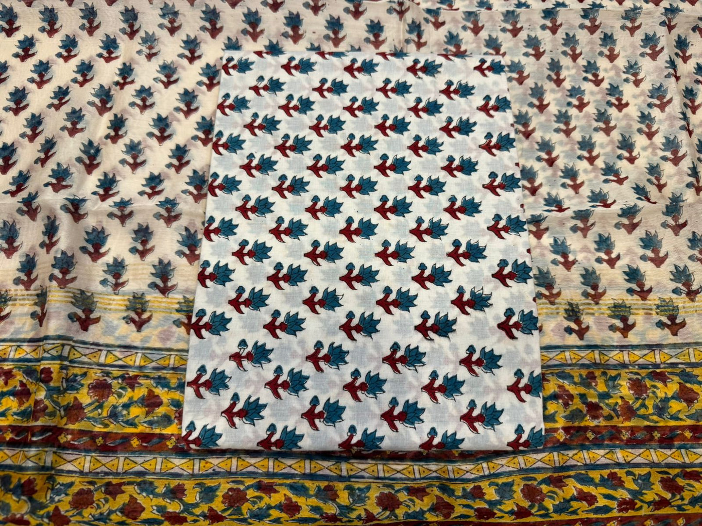 Hand Block Bagru and Sanganeri Printed Chanderi Silk 3PC Unstiched Suit With Chanderi Silk Dupatta