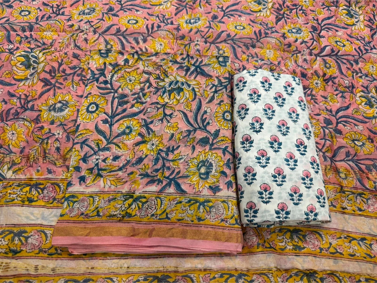 Hand Block Bagru and Sanganeri Printed Chanderi Silk 3PC Unstiched Suit With Chanderi Silk Dupatta