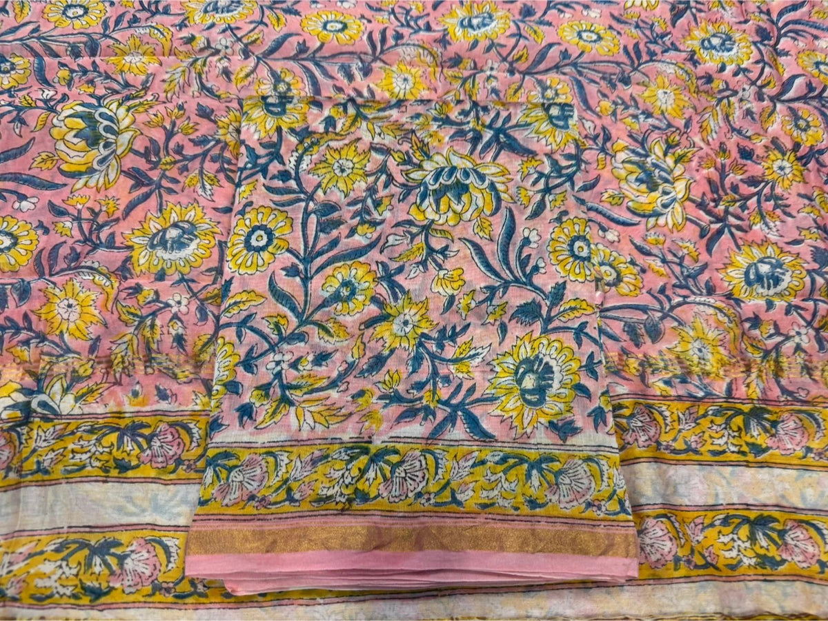 Hand Block Bagru and Sanganeri Printed Chanderi Silk 3PC Unstiched Suit With Chanderi Silk Dupatta