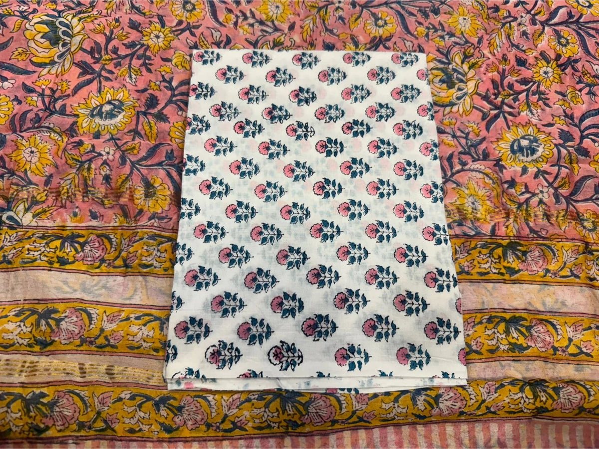 Hand Block Bagru and Sanganeri Printed Chanderi Silk 3PC Unstiched Suit With Chanderi Silk Dupatta