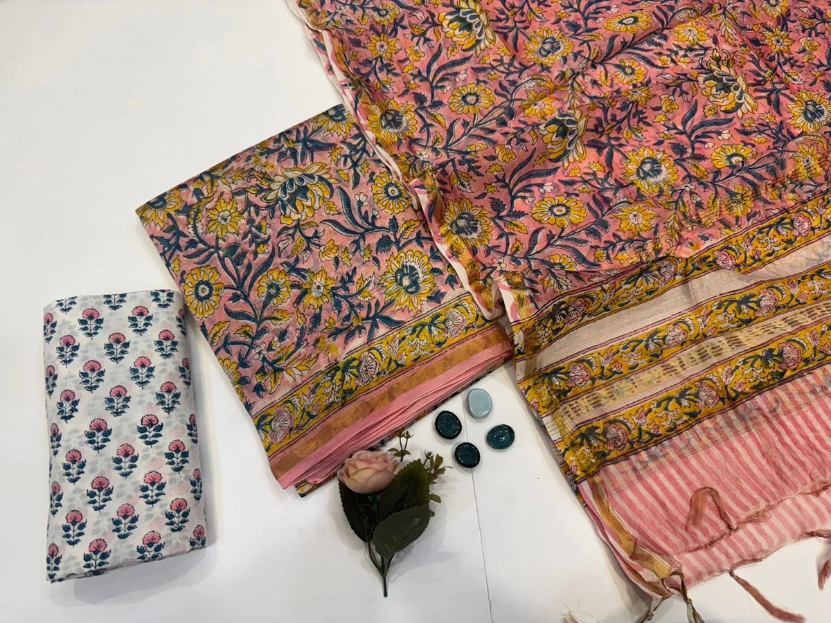 Hand Block Bagru and Sanganeri Printed Chanderi Silk 3PC Unstiched Suit With Chanderi Silk Dupatta
