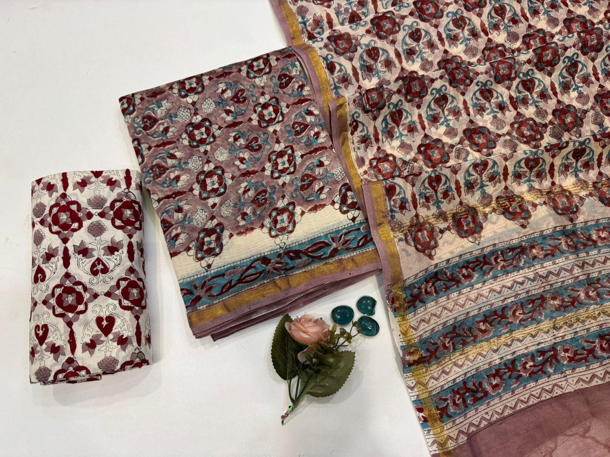 Hand Block Bagru and Sanganeri Printed Chanderi Silk 3PC Unstiched Suit With Chanderi Silk Dupatta