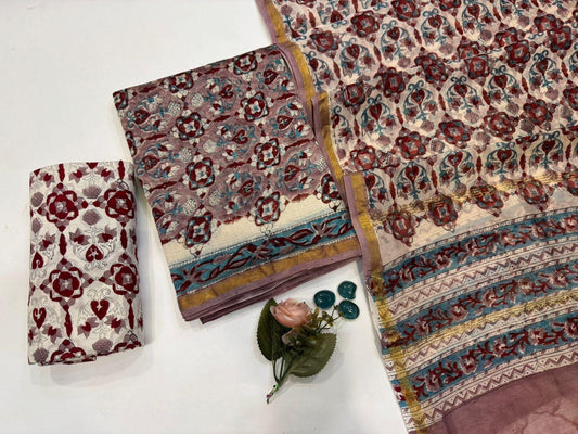 Hand Block Bagru and Sanganeri Printed Chanderi Silk 3PC Unstiched Suit With Chanderi Silk Dupatta