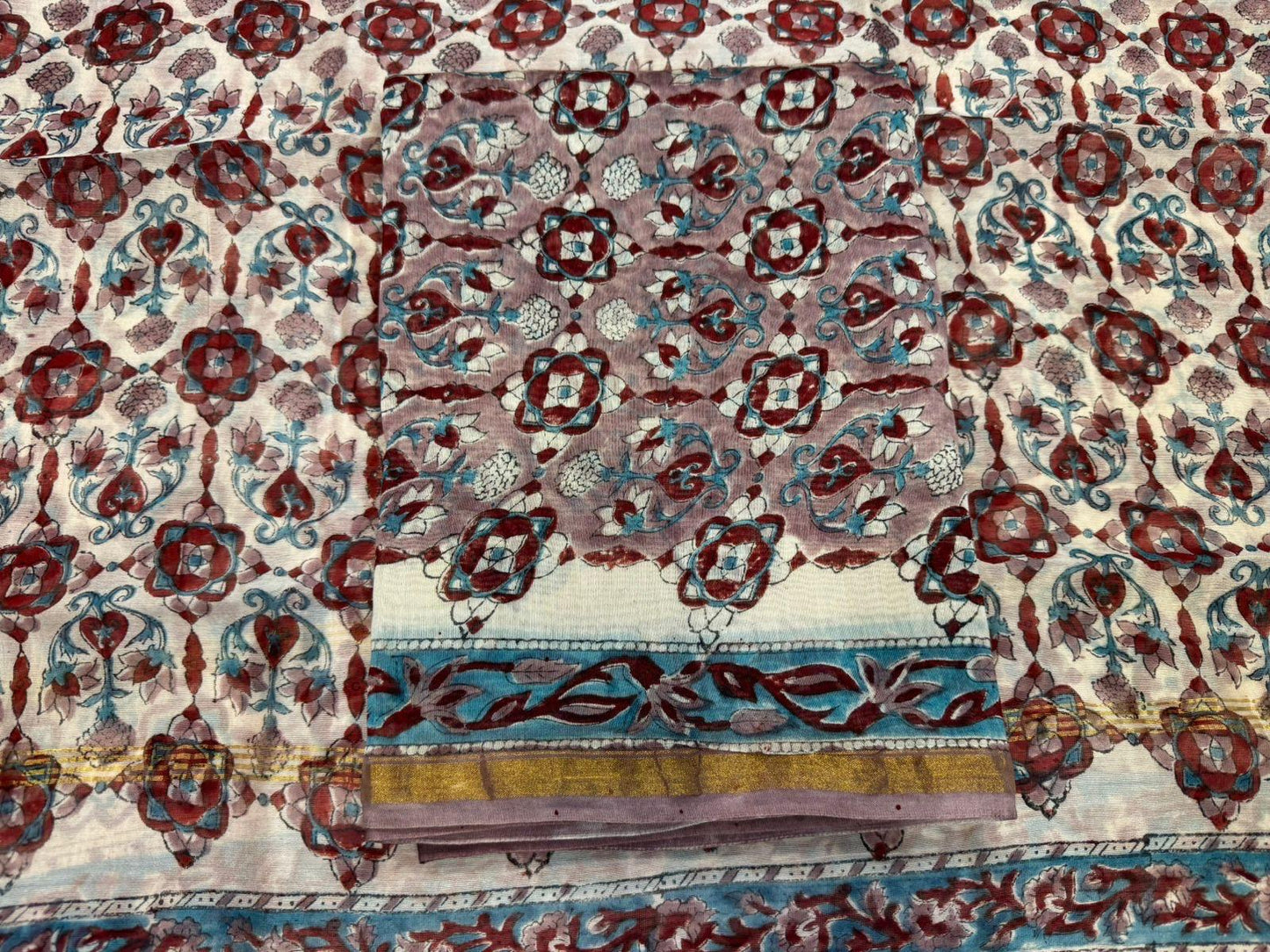 Hand Block Bagru and Sanganeri Printed Chanderi Silk 3PC Unstiched Suit With Chanderi Silk Dupatta