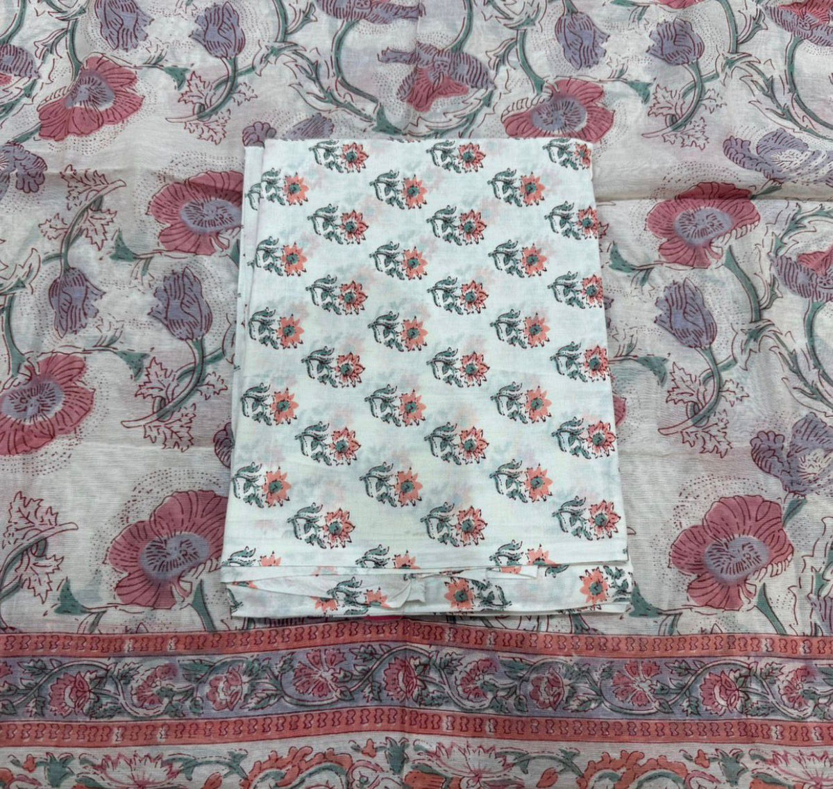 Hand Block Bagru and Sanganeri Printed Chanderi Silk 3PC Unstiched Suit With Chanderi Silk Dupatta