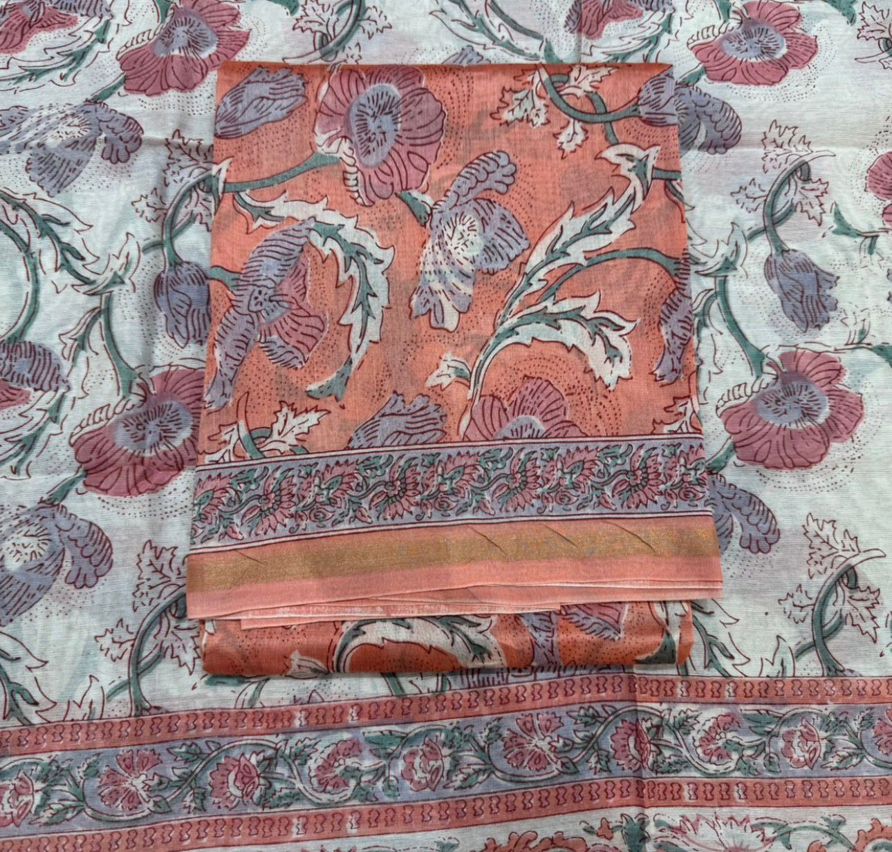 Hand Block Bagru and Sanganeri Printed Chanderi Silk 3PC Unstiched Suit With Chanderi Silk Dupatta