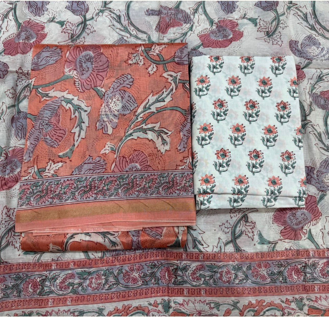 Hand Block Bagru and Sanganeri Printed Chanderi Silk 3PC Unstiched Suit With Chanderi Silk Dupatta