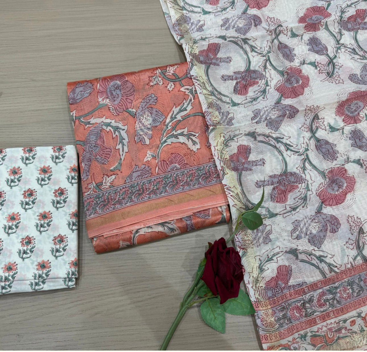 Hand Block Bagru and Sanganeri Printed Chanderi Silk 3PC Unstiched Suit With Chanderi Silk Dupatta